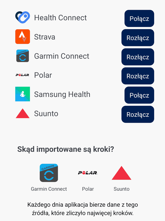 Ekran łączenia z Health Connect, Stravą, Garmin Connect, Polarem, Samsung Health i Suunto