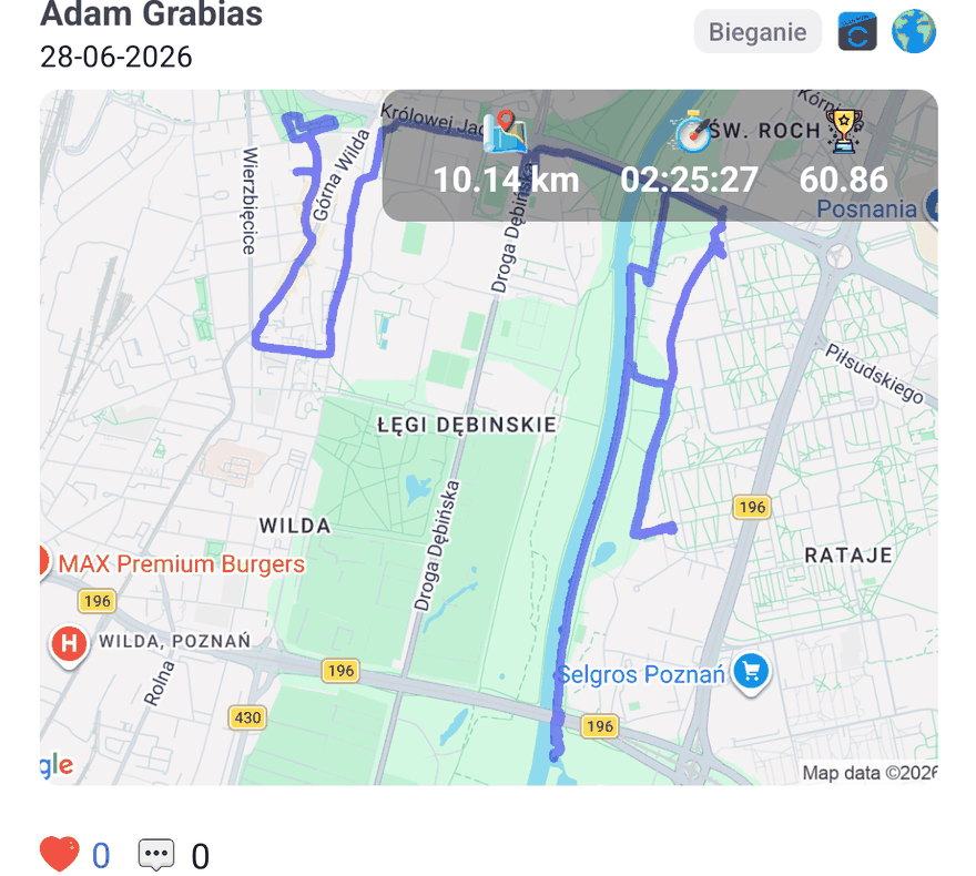 Zapisana trasa biegu na mapie, 10,14 km w czasie 2:25:27